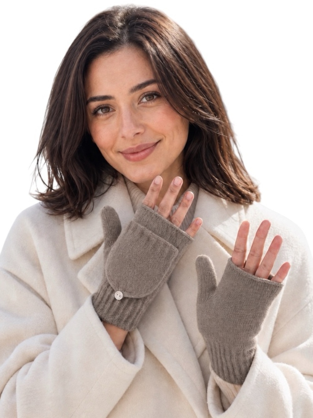 Portolano Women’s Taupe Angora Wool Cashmere Blend Convertible Mittens NWT OS
